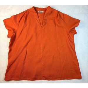 FLAX 100% Linen Short Sleeve Shirt Orange Colorful Lagenlook Top 1G Granola
